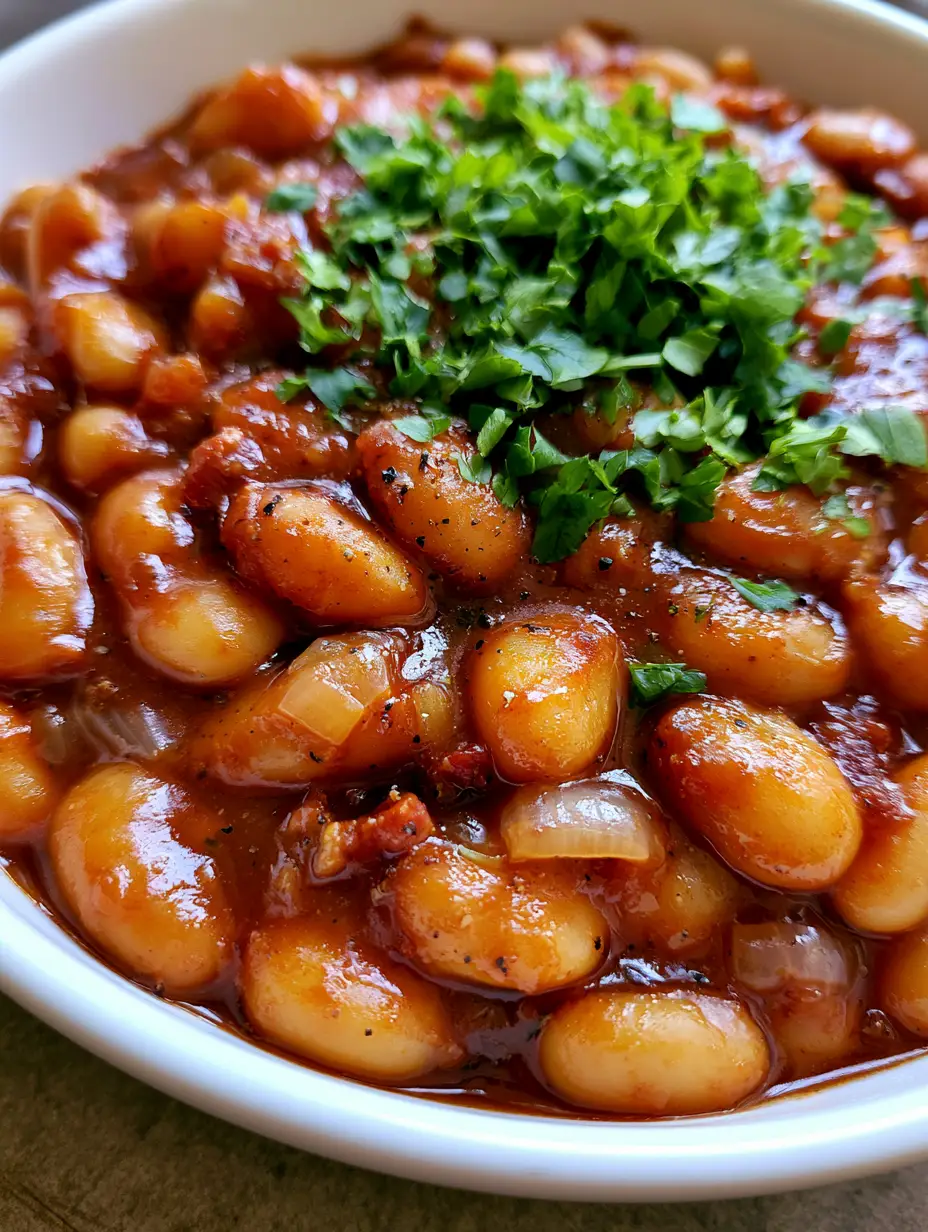 Baked Beans Rezept: Klassisch, rauchig & die perfekte Beilage 3 Nahaufnahme von Baked Beans in einer weißen Keramikschale mit viel schwarzem Pfeffer und Petersilie. (Baked Beans Rezept)