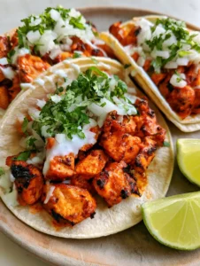 Nahaufnahme von Hähnchen Street Tacos mit fein gehackten Zwiebeln, frischem Koriander und Limetten-Crema.