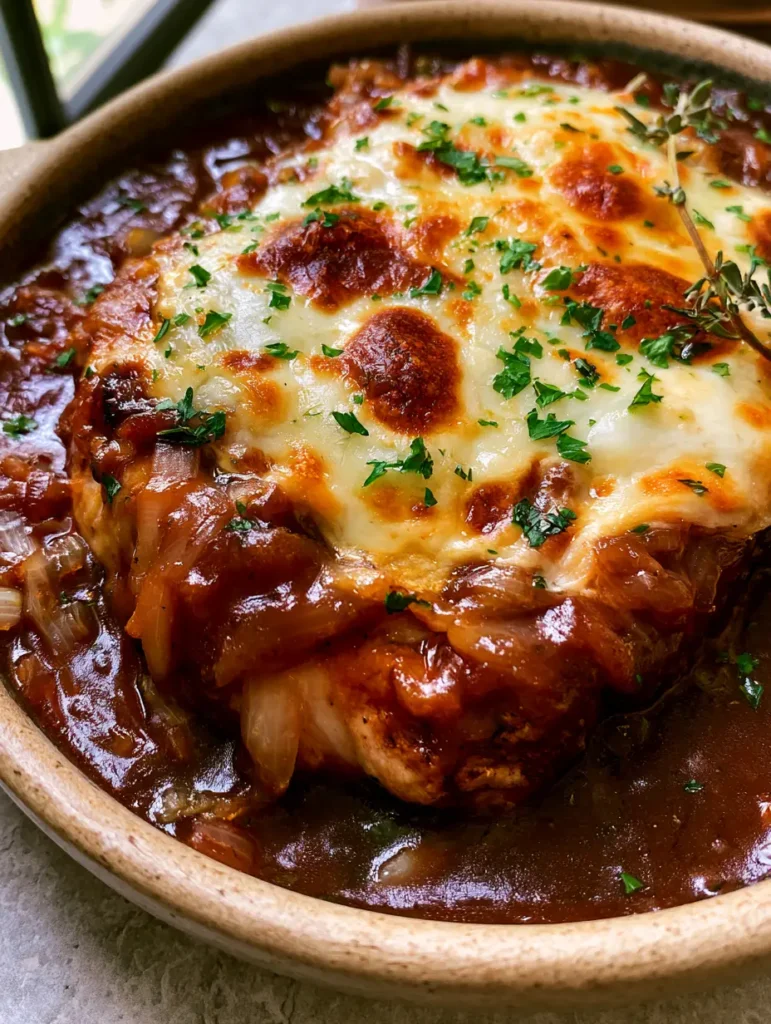 Schweinekoteletts Rezept: Saftig überbacken mit Zwiebel-Jus & Mozzarella 1 Saftige Schweinekoteletts in einer Zwiebel-Jus mit frischen Kräutern wie Thymian und Petersilie garniert.