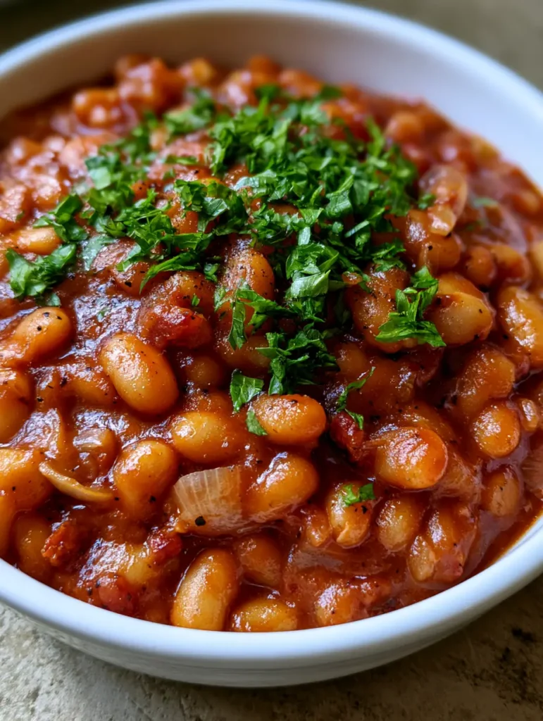Baked Beans Rezept: Klassisch, rauchig & die perfekte Beilage 1 Baked Beans Rezept Serviervorschlag in einer weißen Schale auf rustikalem Hintergrund.