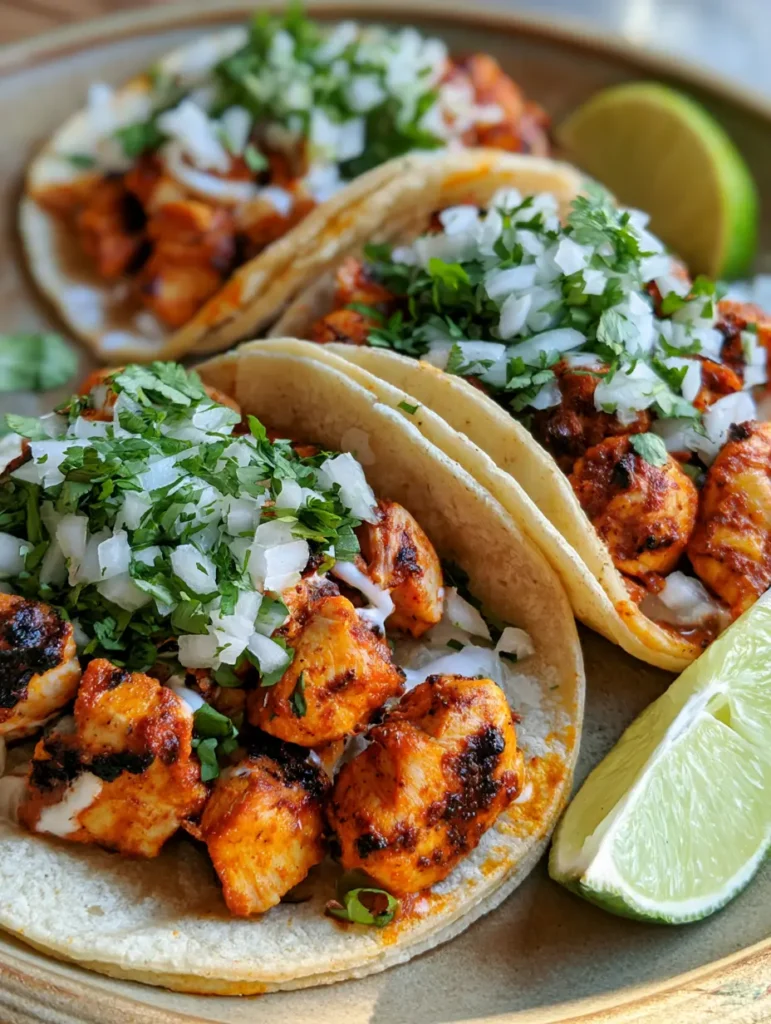 Hähnchen Street Tacos: Das ultimative Rezept für echtes Mexico-Feeling 1 Handgehaltene Hähnchen Street Tacos in einer kleinen Maistortilla mit sichtbaren Röststellen.