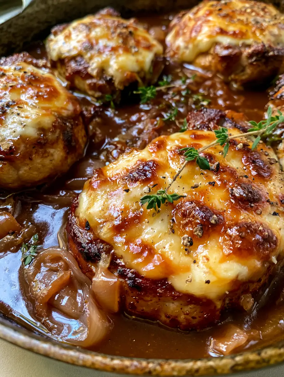 Schweinekoteletts Rezept mit karamellisierten Zwiebeln & Gruyère 3 Nahaufnahme von Schweinekoteletts Rezept mit knuspriger Käseschicht in einer Pfanne.