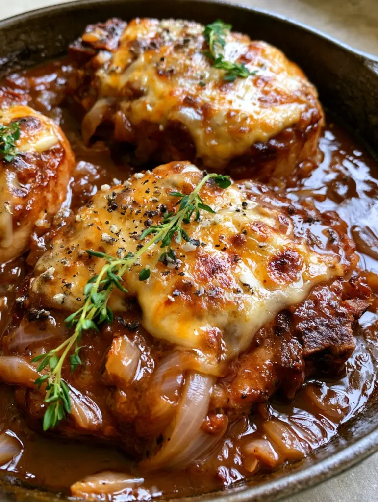 Schweinekoteletts Rezept mit karamellisierten Zwiebeln & Gruyère 1 Schweinekoteletts Rezept mit reichlich karamellisierten Zwiebeln und glänzender dunkler Soße.