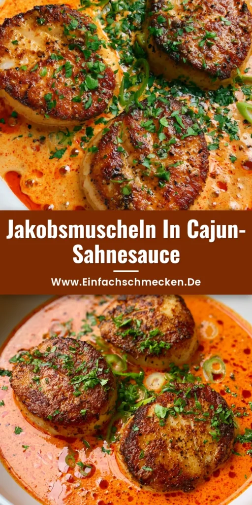 Drei perfekt gebratene Jakobsmuscheln mit goldener Kruste in einer cremigen orange-roten Cajun-Sauce, garniert mit Petersilie. (Jakobsmuscheln Rezept)