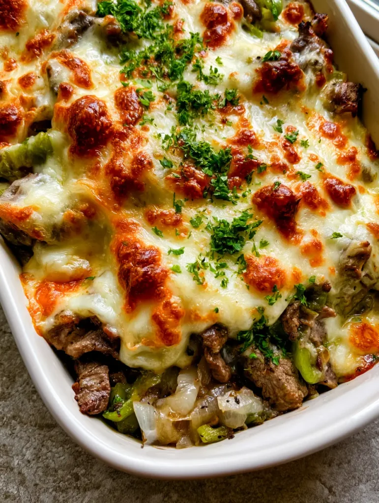 Keto Philly Cheesesteak Auflauf: Das ultimative Low-Carb Abendessen 1 Fertig gebackener Keto Philly Cheesesteak Auflauf mit einer krustigen Käseschicht und frischer Petersilie auf einer Arbeitsplatte.