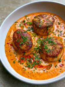 Nahaufnahme von oben: Gebratene Jakobsmuscheln in einer dicken, würzigen Cajun-Sahnesauce mit Kräutern. (Jakobsmuscheln Rezept)