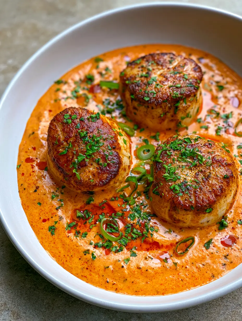 Nahaufnahme von oben: Gebratene Jakobsmuscheln in einer dicken, würzigen Cajun-Sahnesauce mit Kräutern. (Jakobsmuscheln Rezept)