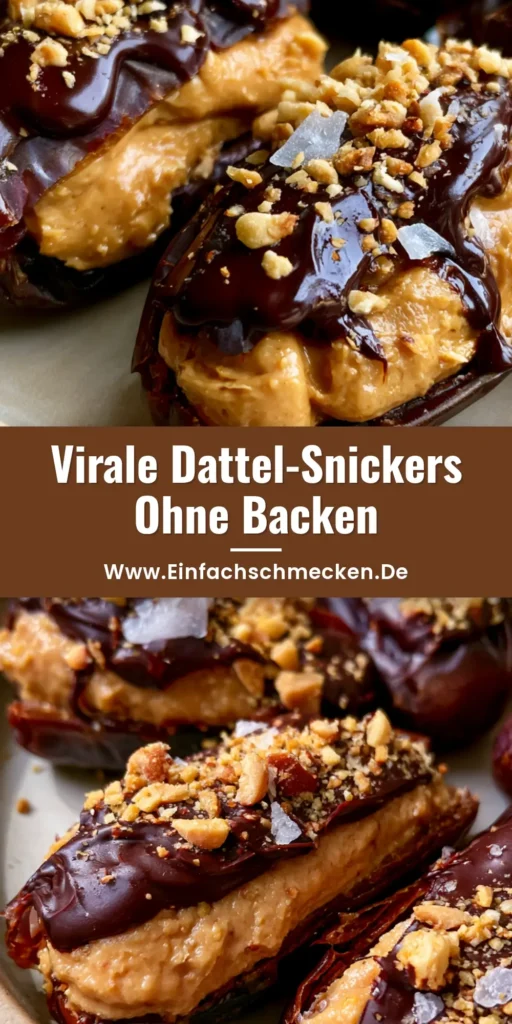 Dattel Snickers: Das ultimative Rezept für den gesunden Viral-Snack 4 Selbstgemachte Dattel Snickers mit Erdnussbutter-Füllung und Zartbitterschokolade auf einem Teller.