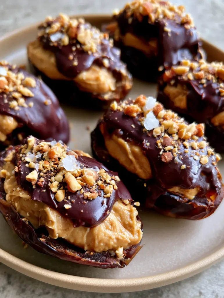Dattel Snickers: Das ultimative Rezept für den gesunden Viral-Snack 2 Nahaufnahme von aufgeschnittenen Medjool-Datteln gefüllt mit Erdnussbutter und Schokoladenguss.