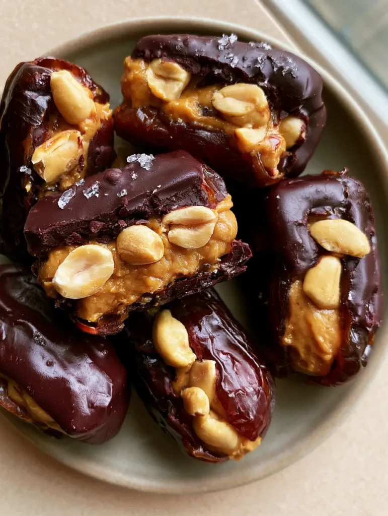 Snickers Datteln: Der ultimative virale Snack für Naschkatzen 1 Snickers Datteln, teilweise in dunkle Schokolade getaucht und mit grobem Meersalz bestreut.