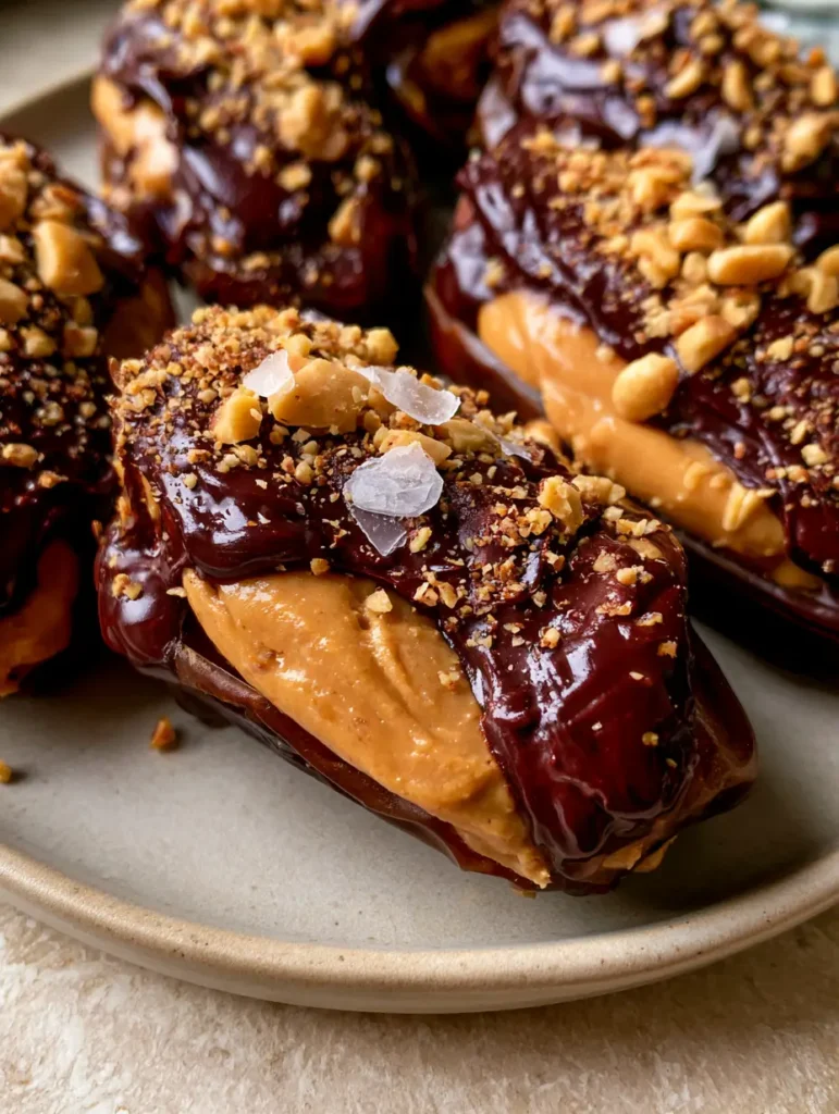 Dattel Snickers: Das ultimative Rezept für den gesunden Viral-Snack 1 Dattel Snickers garniert mit gehackten Erdnüssen und Meersalzflocken auf einer Steinfläche.