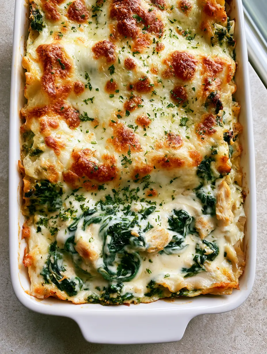 Nahaufnahme der Käsekruste einer Hähnchen-Lasagne mit Spinat, die goldbraune Parmesan-Punkte und geschmolzenen Mozzarella zeigt.