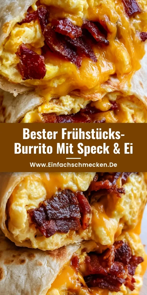 Ein halbierter Frühstücks-Burrito mit krossem Speck, fluffigem Ei und geschmolzenem Cheddar Käse. (Frühstücks-Burrito Rezept)