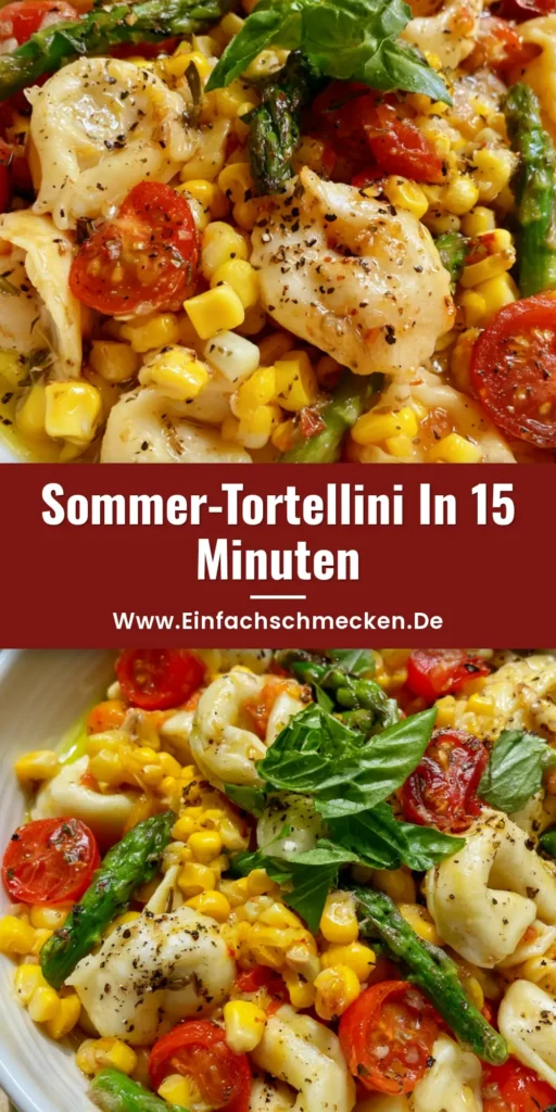 Draufsicht auf eine weiße Schüssel mit Käse-Tortellini, Mais, Kirschtomaten und grünem Spargel garniert mit Basilikum.