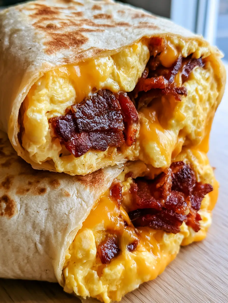 Frühstücks-Burrito Anschnitt mit Schichten aus Rührei, Speck und Käse auf einem Holztisch. (Frühstücks-Burrito Rezept)