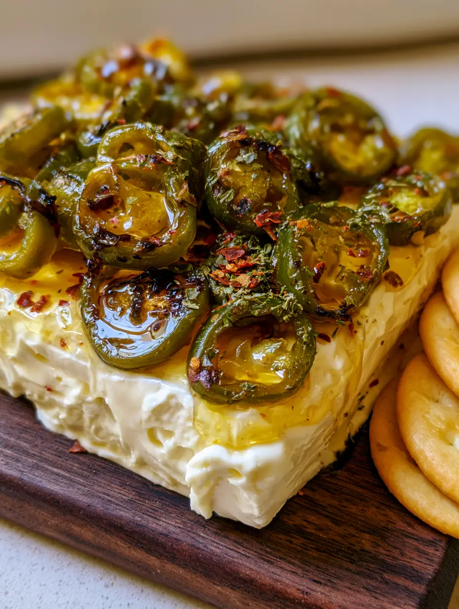 Nahaufnahme von gerösteten Jalapeño-Scheiben auf einem Block Frischkäse mit glänzendem Honig-Drizzle.