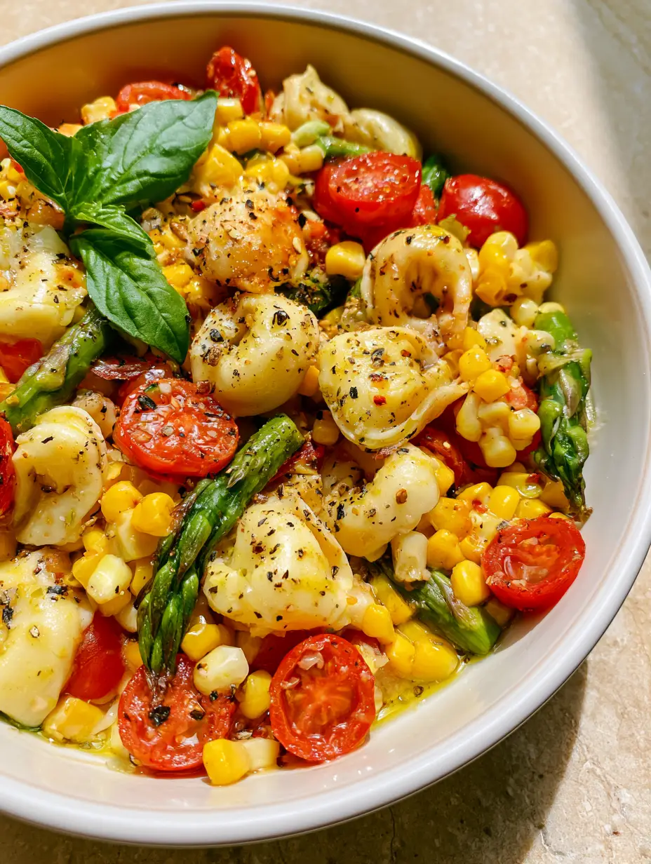 Nahaufnahme von Tortellini mit Sommergemüse wie Mais und Tomaten in einer weißen Keramikschale.
