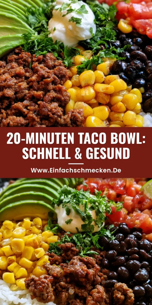 Taco Bowl Rezept: Schnell, gesund & die perfekte Wahl für dein Meal Prep 4 Eine farbenfrohe Taco Bowl mit Reis, Hackfleisch, Mais, Bohnen und Avocado, serviert in einer dunklen Schale. (Taco Bowl Rezept)