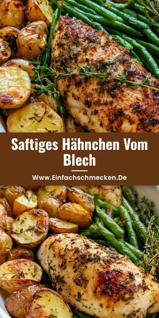 Nahaufnahme von Hähnchen vom Blech mit goldbrauner Kräuterkruste, halbierten Babykartoffeln und grünen Bohnen in einer weißen Auflaufform.