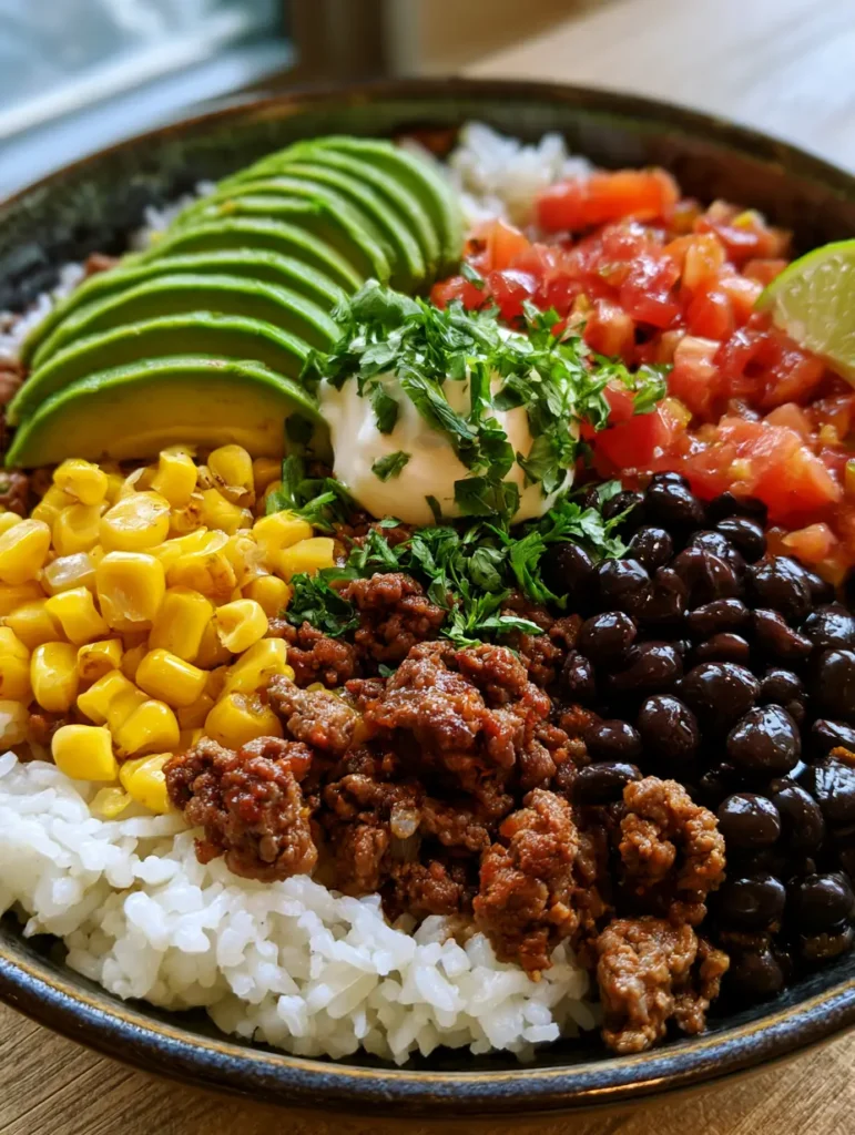 Taco Bowl Rezept: Schnell, gesund & die perfekte Wahl für dein Meal Prep 2 Draufsicht auf eine fertig angerichtete Taco Bowl mit fluffigem Reis und frischen Toppings. (Taco Bowl Rezept)