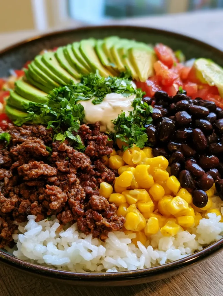 Taco Bowl Rezept: Schnell, gesund & die perfekte Wahl für dein Meal Prep 1 Nahaufnahme von gewürztem Hackfleisch und cremiger Avocado in einer Taco Bowl.