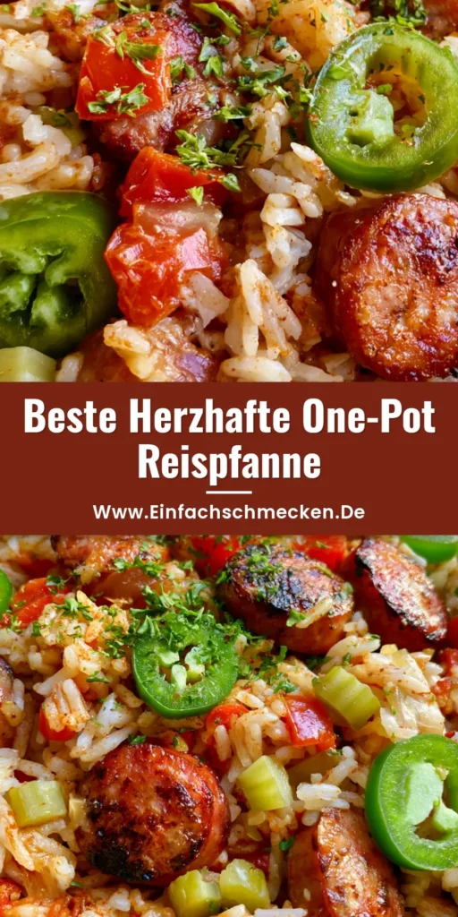 Draufsicht auf eine rustikale Bowl mit One-Pot Reispfanne, fluffigem Reis, angebratener Wurst, Jalapeños und roten Paprikawürfeln auf einem grauen Steinuntergrund.