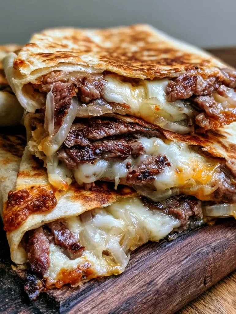 Nahaufnahme einer Steak Quesadilla mit knusprigen braunen Käserändern und saftigem Fleisch.