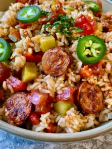 Nahaufnahme einer One-Pot Reispfanne mit sichtbaren Räucherwurstscheiben, Jalapeños und frischer Petersilie in einer Schüssel.