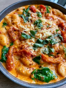 Draufsicht auf eine rustikale Pfanne mit cremigen Cannellini Bohnen, roten Tomaten und grünem Spinat.