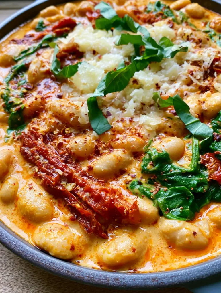 Gabel taucht in eine cremige Sauce mit weißen Bohnen und geschmolzenem Parmesan ein.