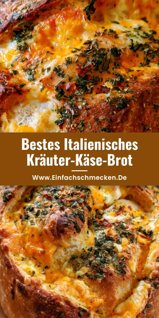 Nahaufnahme von frisch gebackenem Italienisches Kräuter-Käse-Brot auf einem Holzbrett mit geschmolzenem Käse.