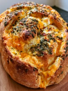 Draufsicht auf ein Italienisches Kräuter-Käse-Brot mit sprudelndem Mozzarella und Cheddar.