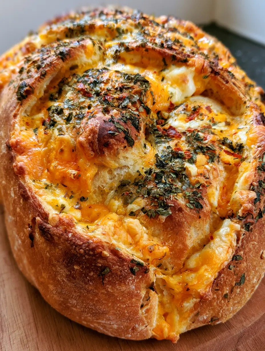Draufsicht auf ein Italienisches Kräuter-Käse-Brot mit sprudelndem Mozzarella und Cheddar.