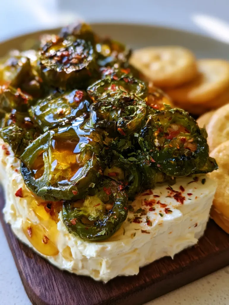 Ein servierfertiger Jalapeño Frischkäse Dip auf einem rustikalen Holzbrett mit runden Crackern im Hintergrund.