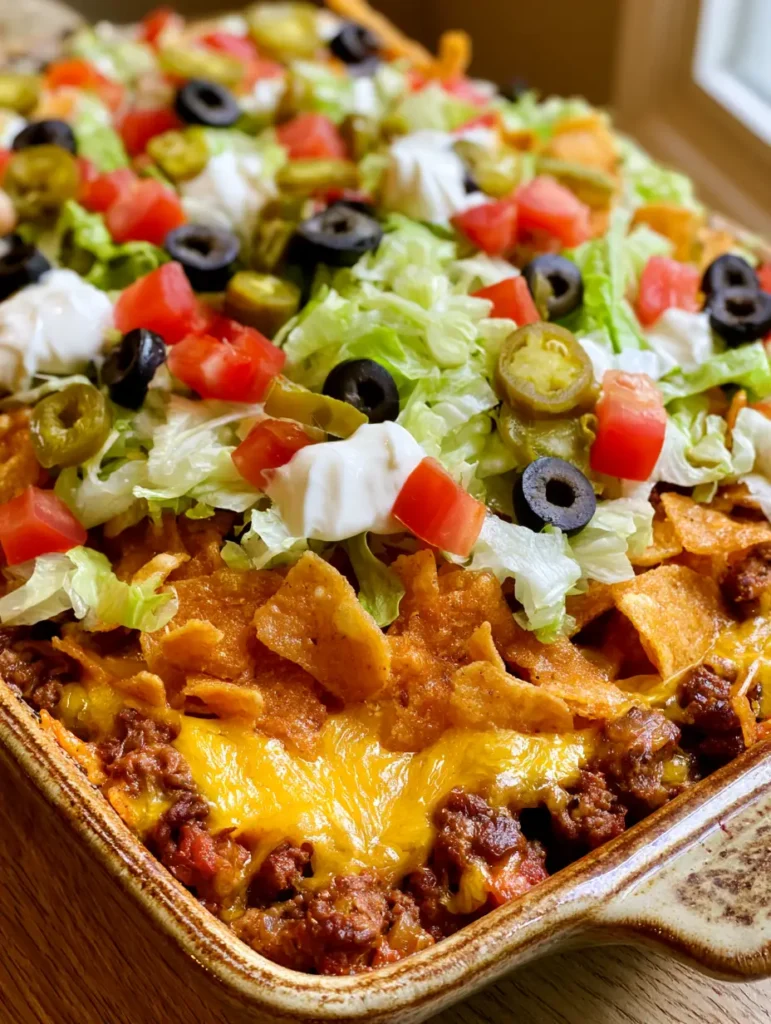 Detailaufnahme der Toppings auf dem Walking Taco Auflauf: Jalapeños, Schmand und Frühlingszwiebeln auf Maischips.