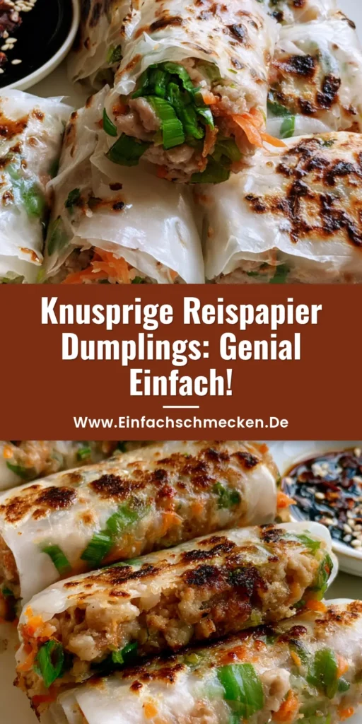 Rechteckige Reispapier Dumplings auf einem weißen Teller, serviert mit einem dunklen Sojasauce-Dip mit Chiliflocken und Sesam.