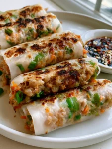 Nahaufnahme von Reispapier Dumplings mit durchscheinender Füllung aus Hackfleisch, Karotten und Lauch.