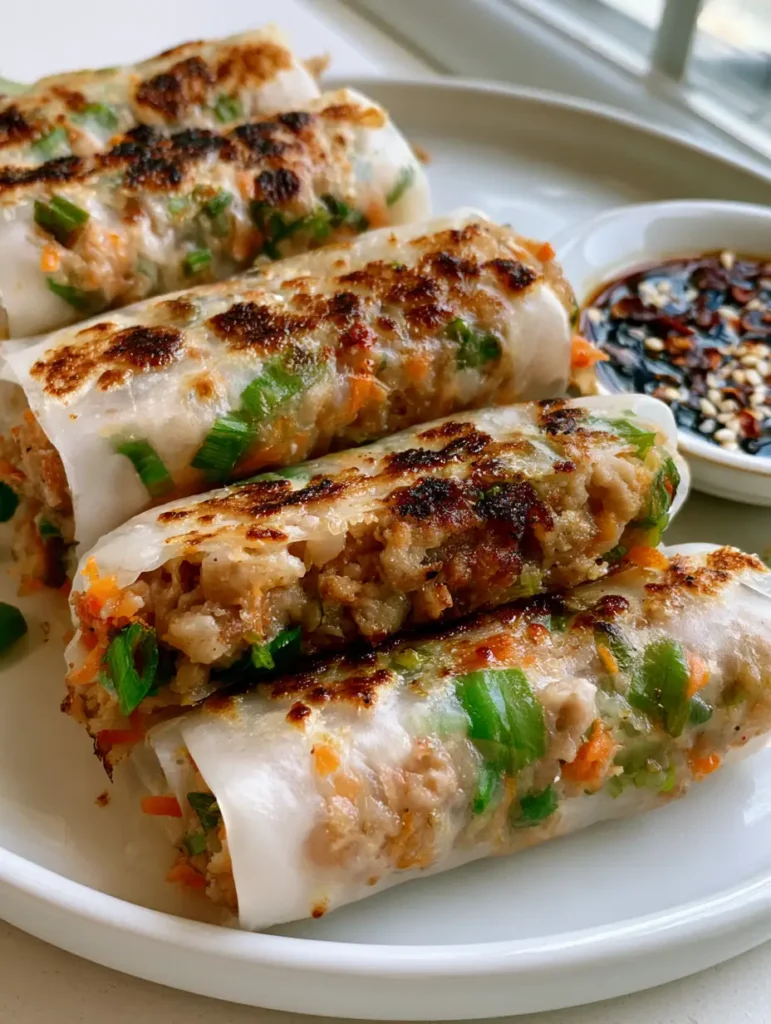 Nahaufnahme von Reispapier Dumplings mit durchscheinender Füllung aus Hackfleisch, Karotten und Lauch.