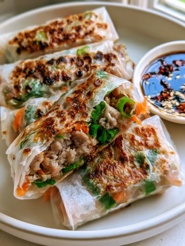Goldbraun angebratene Reispapier Dumplings in einer Pfanne mit knusprigen Blasen auf der Oberfläche.