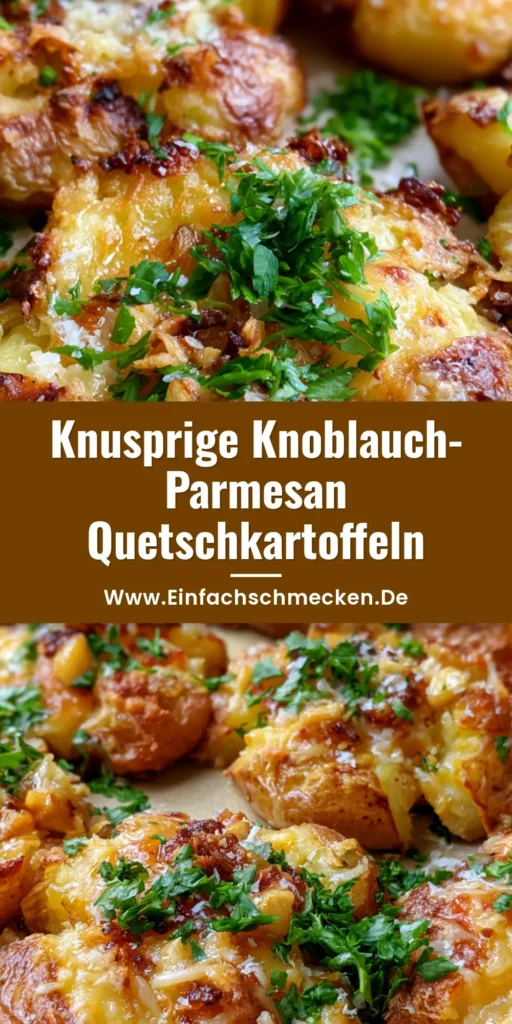 Quetschkartoffeln – So werden deine Smashed Potatoes extrem knusprig 3 Goldbraune Quetschkartoffeln auf einem Backblech mit geschmolzenem Parmesan und Petersilie.