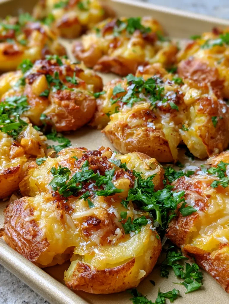 Quetschkartoffeln – So werden deine Smashed Potatoes extrem knusprig 2 Nahaufnahme von goldbraun gebackenen Quetschkartoffeln mit zerklüfteten Rändern und Meersalz.