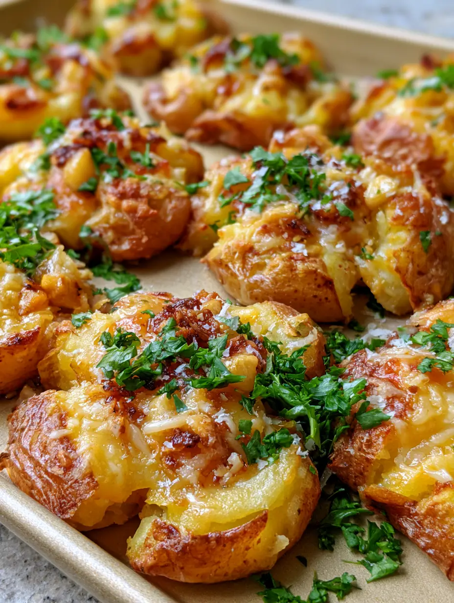 Quetschkartoffeln – So werden deine Smashed Potatoes extrem knusprig 4 Nahaufnahme von goldbraun gebackenen Quetschkartoffeln mit zerklüfteten Rändern und Meersalz.