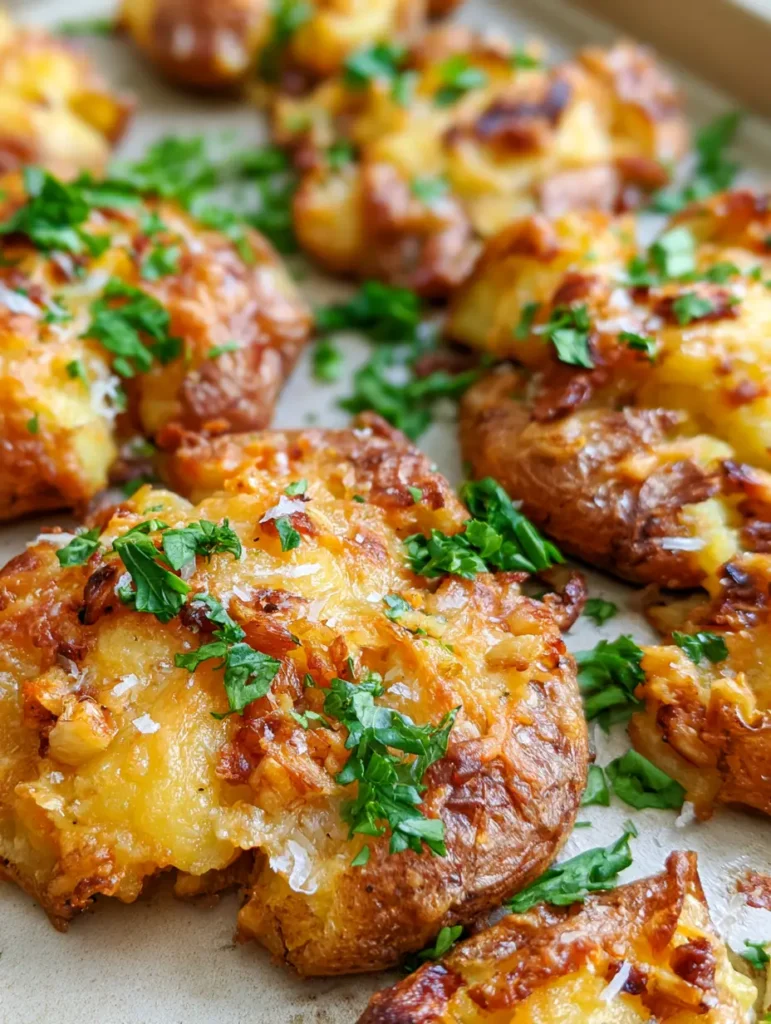 Quetschkartoffeln – So werden deine Smashed Potatoes extrem knusprig 1 Smashed Potatoes frisch aus dem Ofen mit geröstetem Knoblauch und viel grünem Kraut.