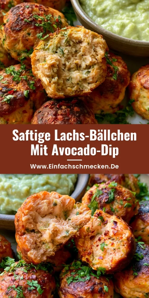 Goldbraun gebackene Lachs-Bällchen auf einem rustikalen Teller mit Avocado-Dip, garniert mit Koriander und Chiliflocken.