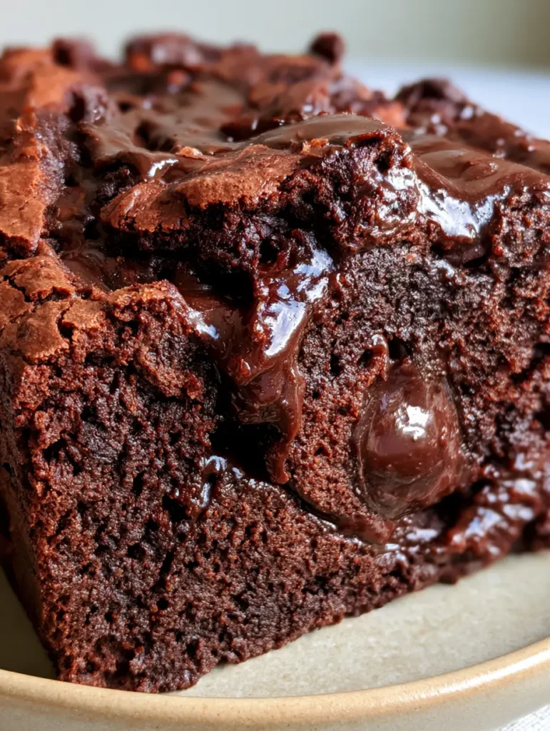 Dicke Scheibe von dunklem Schokoladen-Brownie-Brot mit sichtbaren Schokoladen-Wirbeln.