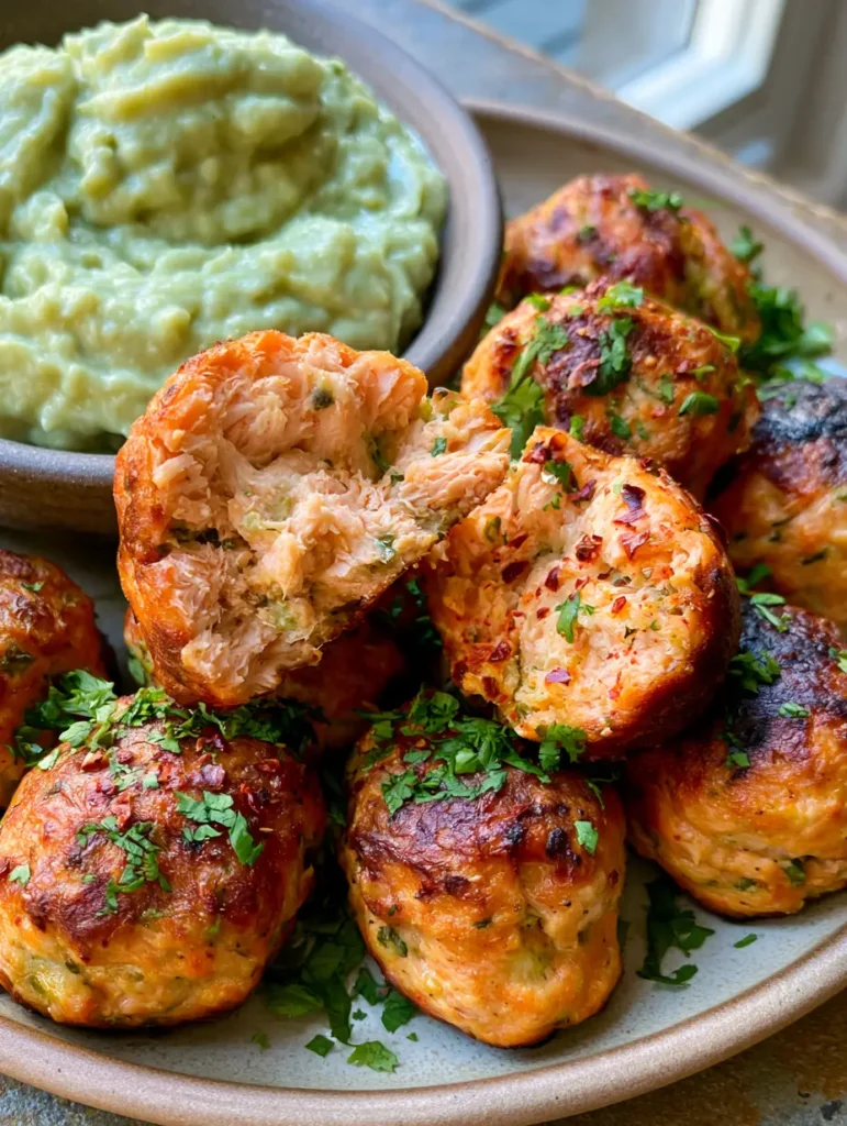 Nahaufnahme von gebackenen Lachs-Bällchen mit einer leicht verkohlten Kruste und frischem Koriander.
