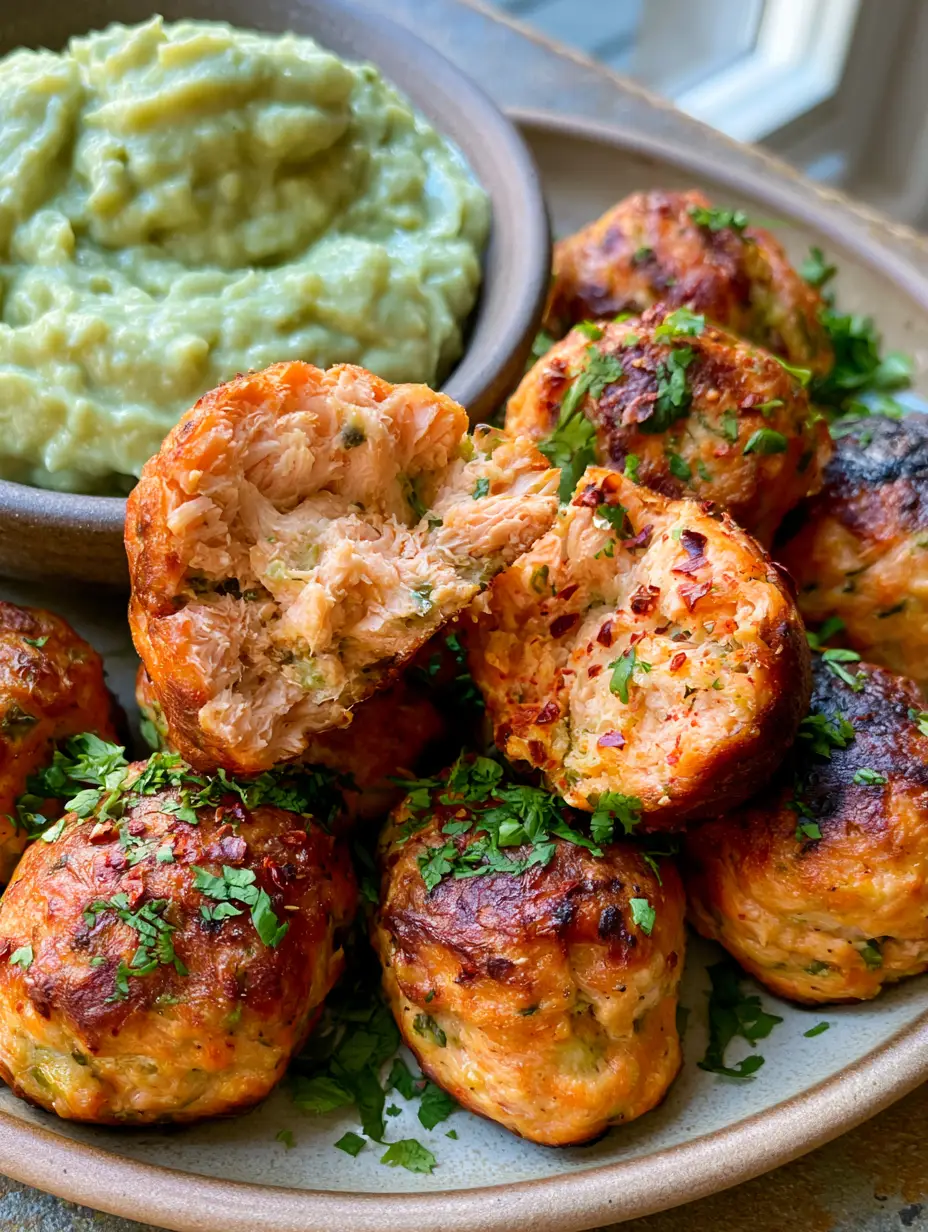 Nahaufnahme von gebackenen Lachs-Bällchen mit einer leicht verkohlten Kruste und frischem Koriander.