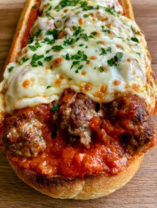 Ein aufgeschnittenes, getoastetes Baguette gefüllt mit drei großen Rinderhackbällchen in Marinara-Sauce und überbackenem Käse. (Meatball Sub Rezept)