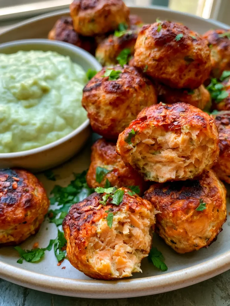 Lachs-Bällchen serviert auf einem Keramikteller mit einer Schale Avocado-Sauce daneben.