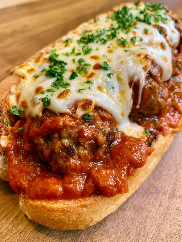 Draufsicht auf ein herzhaftes Meatball Sub mit viel Tomatensauce und geschmolzenem Käse.